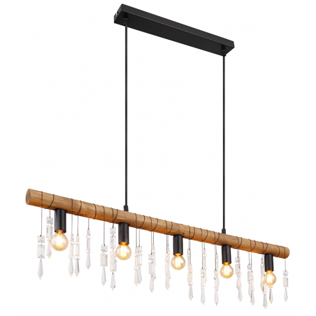 Wooden pendant lamp 90cm with black finish sockets and glass tears 5xE14