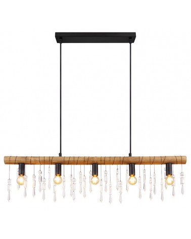 Wooden pendant lamp 90cm with black finish sockets and glass tears 5xE14