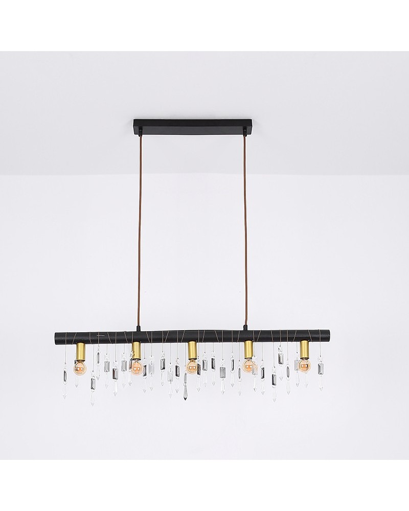 Black wooden pendant lamp 90cm with brass finish sockets and glass tears 5xE14