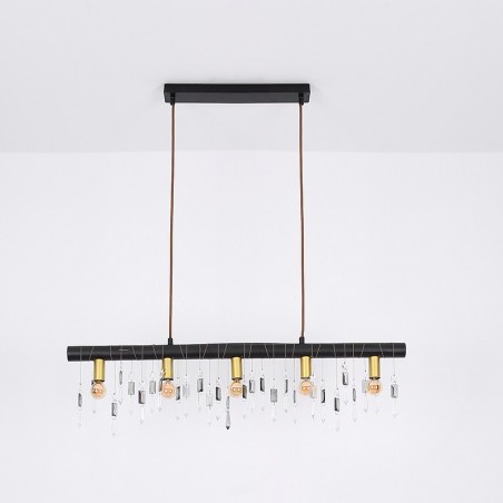 Black wooden pendant lamp 90cm with brass finish sockets and glass tears 5xE14