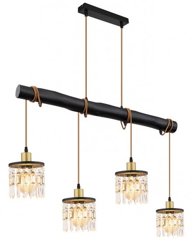 Black trunk wood pendant lamp 85cm with 4 round pendants and glass tears 4xE27