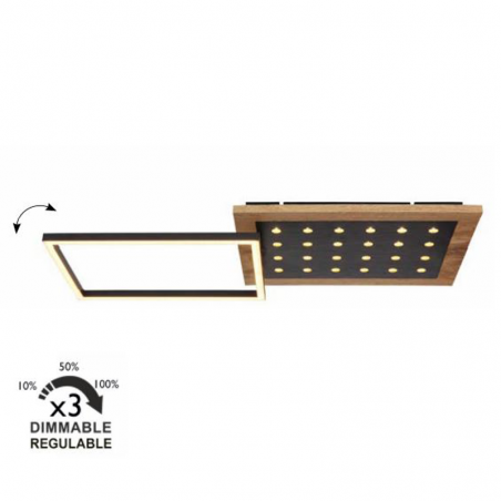 LED ceiling lamp made of metal, wood and plastic, black, opal and brown finish, 24W DIMMABLE