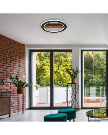 Plafón LED techo 45cm de metal, madera y acrílico acabado negro, opal y marrón 30W 3000K