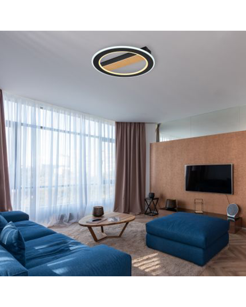 LED ceiling lamp 45cm made of metal, wood and acrylic with black, opal and brown finish 30W 3000K