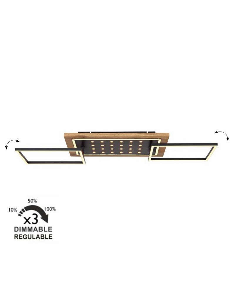 LED ceiling lamp made of metal, wood and plastic, black, opal and brown finish, 48W DIMMABLE