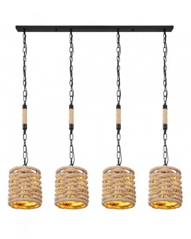 Lámpara colgante rústica con 4 pantallas redondas cuerda de cáñamo 4 x E27 con cadena negra