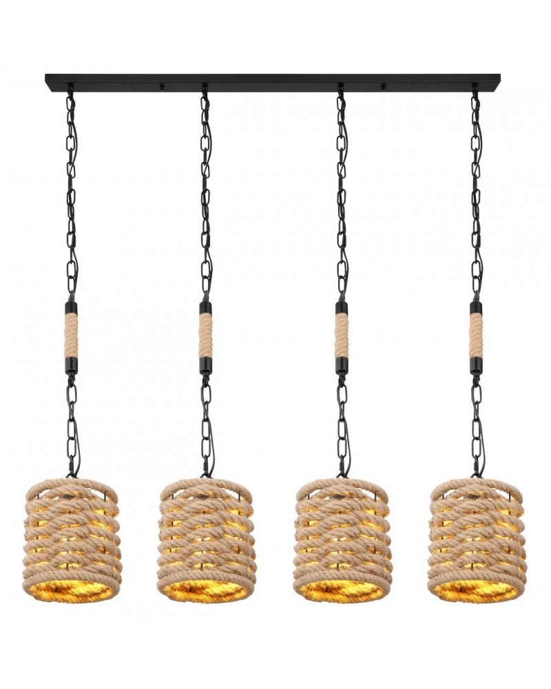 Lámpara colgante rústica con 4 pantallas redondas cuerda de cáñamo 4 x E27 con cadena negra