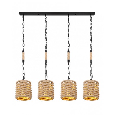 Rustic hanging lamp with 4 round lampshades hemp rope 4 x E27 40W with black chain