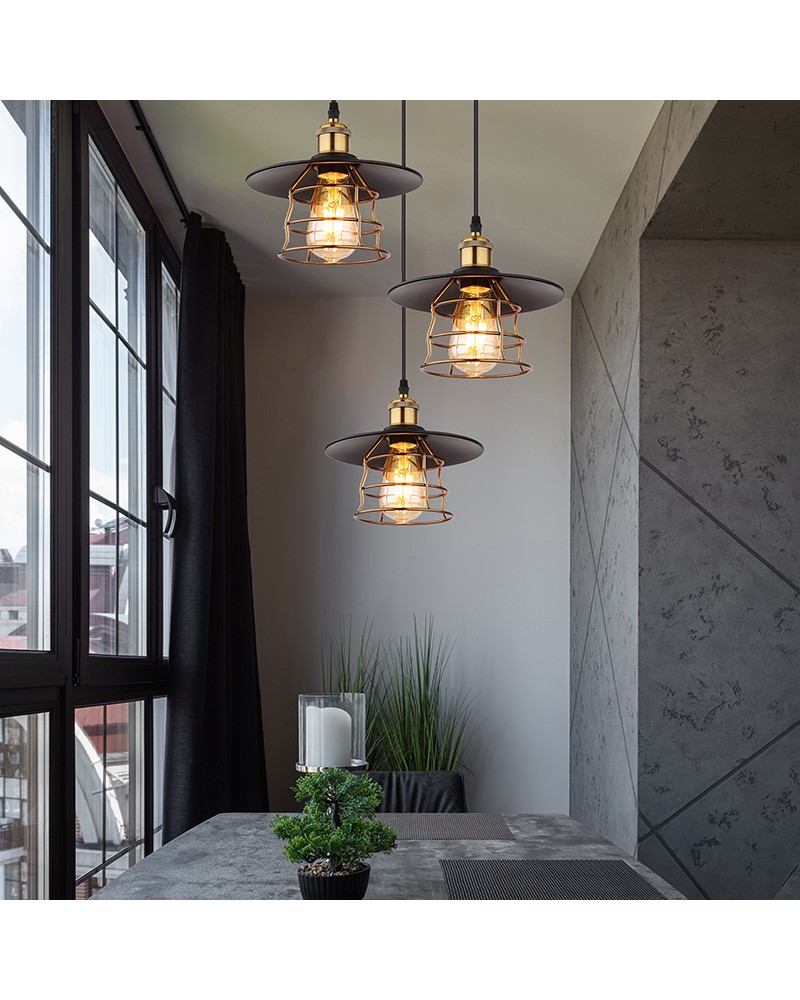 Pendant lamp with 3 vintage matt black and brass lampshades 3 x E27 60W