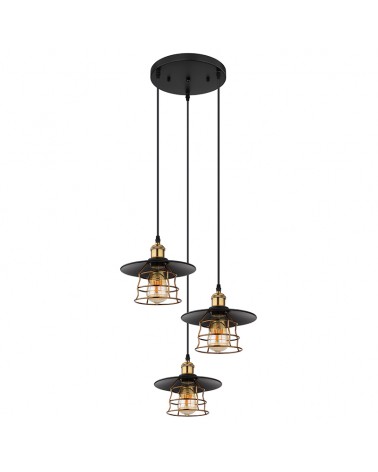Pendant lamp with 3 vintage matt black and brass lampshades 3 x E27