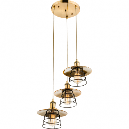 Pendant lamp with 3 vintage matt black and brass lampshades 3 x E27