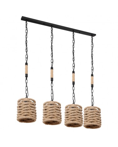 Rustic hanging lamp with 4 round lampshades hemp rope 4 x E27 40W with black chain