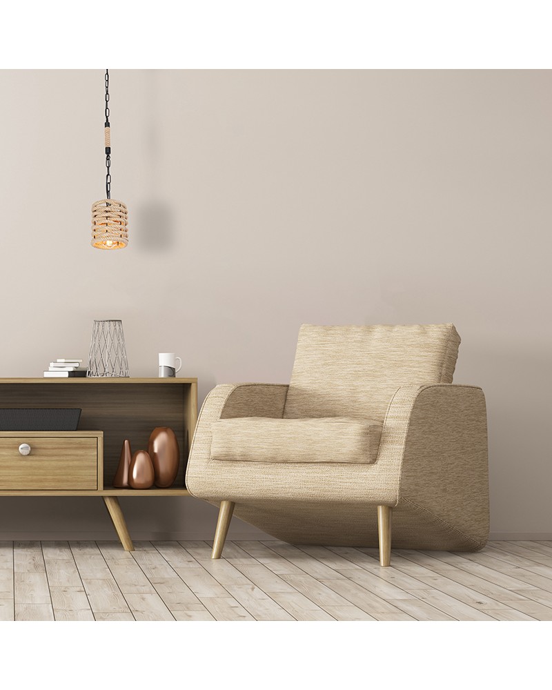 Lámpara colgante rústica con pantalla 16,5 cm cuerda de cáñamo E27 60W con cadena negra