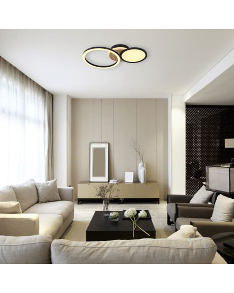 Plafón LED techo 51,5cm de madera, metal y plástico acabado madera, opal y negro 28W 3000K