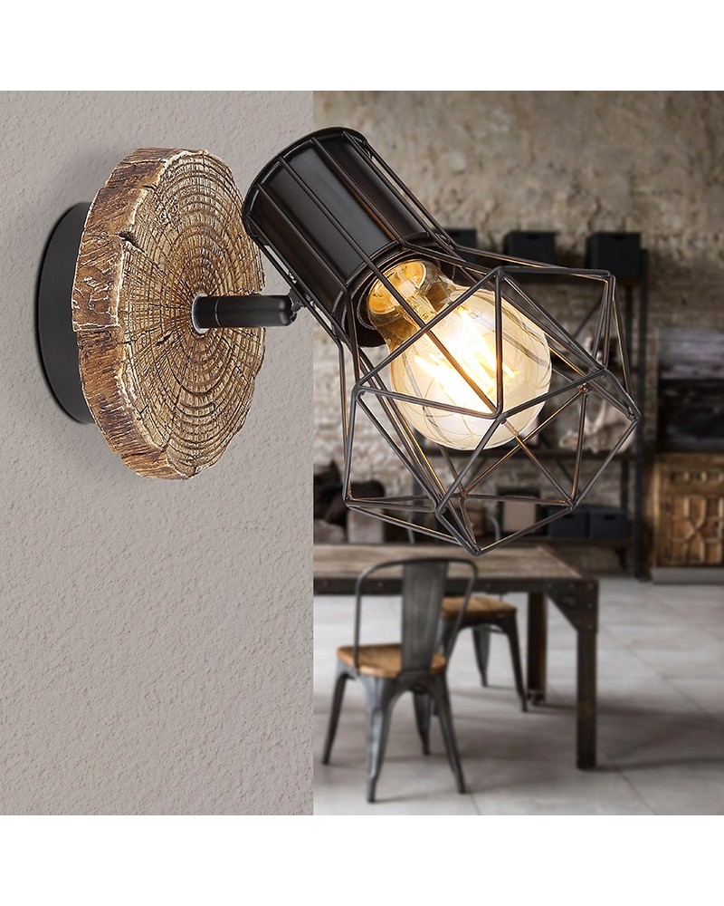 Retro vintage wall light industrial mesh lampshade with lamp holder black finish imitation wood base E27 40W
