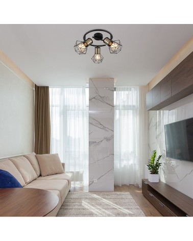 Plafón de techo circular vintage industrial con 3 focos oscilantes acabado portalamparas cuero base negra 3xE27 40W