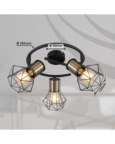 Plafón de techo circular vintage industrial con 3 focos oscilantes acabado portalamparas cuero base negra 3xE27 40W