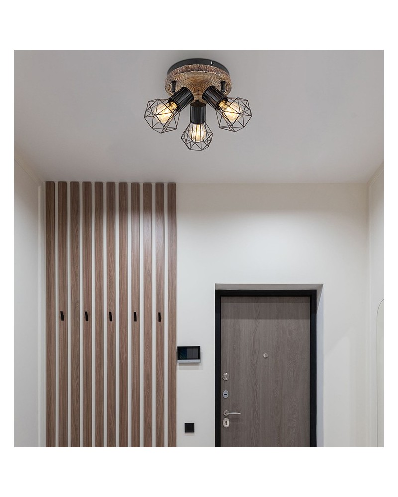 Plafón de techo circular vintage industrial con 3 focos oscilantes acabado portalamparas negro base imitación madera 3xE27 40W