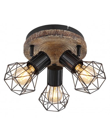 Plafón de techo circular vintage industrial con 3 focos oscilantes acabado portalamparas negro base imitación madera 3xE27 40W