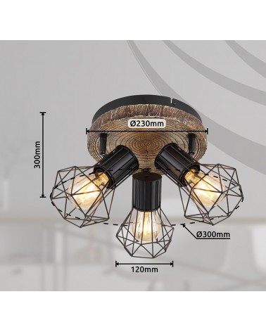Industrial vintage circular ceiling lamp with 3 oscillating spotlights, black lampholder finish, imitation wood base, 3xE27 40W