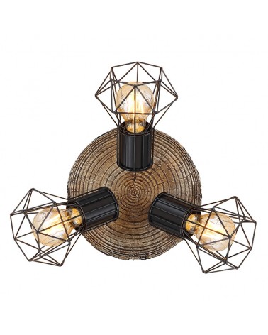 Plafón de techo circular vintage industrial con 3 focos oscilantes acabado portalamparas negro base imitación madera 3xE27 40W