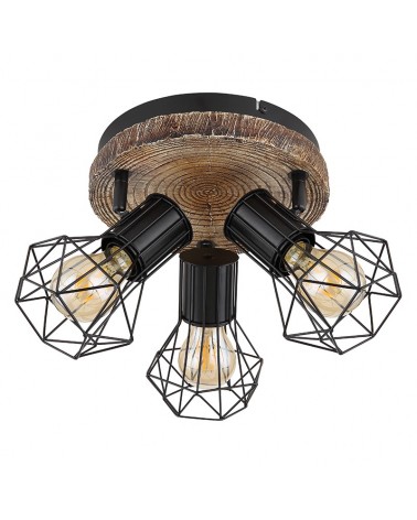 Industrial vintage circular ceiling lamp with 3 oscillating spotlights, black lampholder finish, imitation wood base, 3xE27 40W