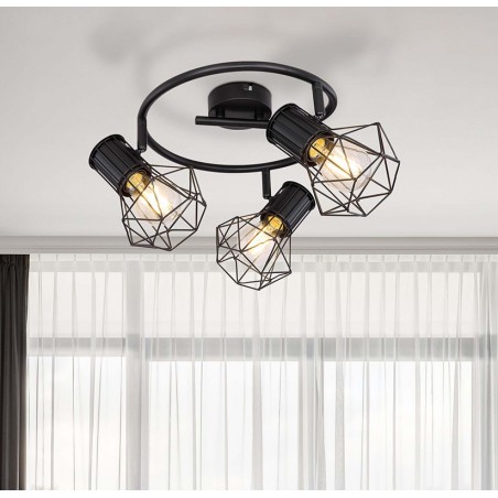 Industrial vintage circular ceiling lamp with 3 oscillating spotlights, black lampholder finish, black base, 3xE27 40W