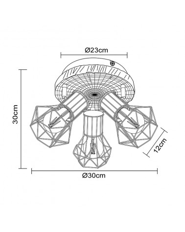 Plafón de techo circular vintage industrial con 3 focos oscilantes acabado portalamparas negro base imitación madera 3xE27 40W