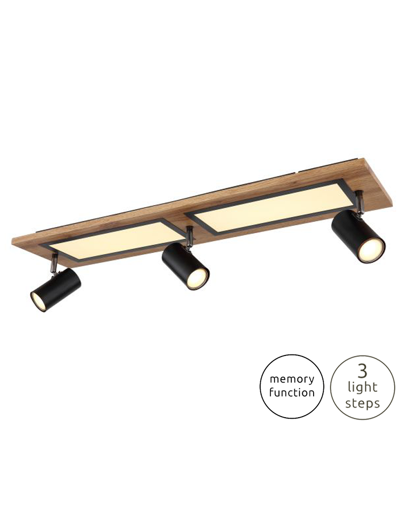 Ceiling lamp 80cm LED 12W 3000K with three 3xGU10 15W spotlights made of metal, plastic and wood