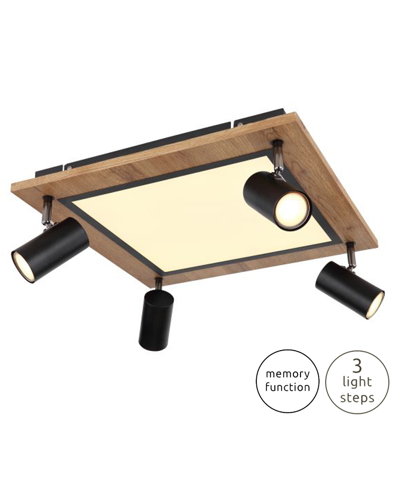 Plafón techo 45cm LED 24W 3000K con cuatro focos 4xGU10 20W de metal, plástico y madera