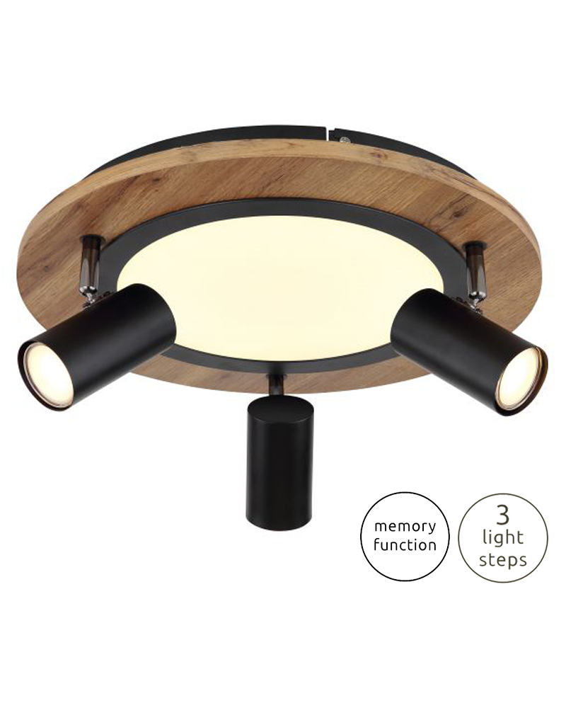 Ceiling lamp 40cm LED 15W 3000K with three 3xGU10 15W metal, plastic and wood spotlights