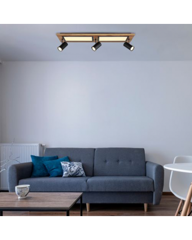 Ceiling lamp 80cm LED 12W 3000K with three 3xGU10 15W spotlights made of metal, plastic and wood