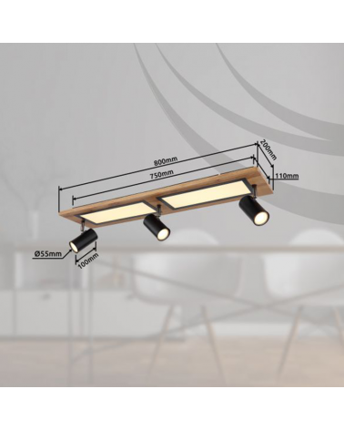 Ceiling lamp 80cm LED 12W 3000K with three 3xGU10 15W spotlights made of metal, plastic and wood