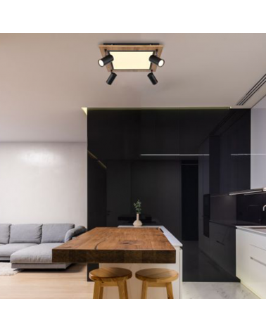 Plafón techo 45cm LED 24W 3000K con cuatro focos 4xGU10 20W de metal, plástico y madera