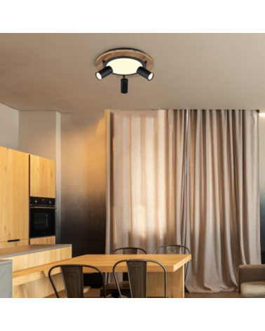 Plafón techo 40cm LED 15W 3000K con tres focos 3xGU10 15W de metal, plástico y madera