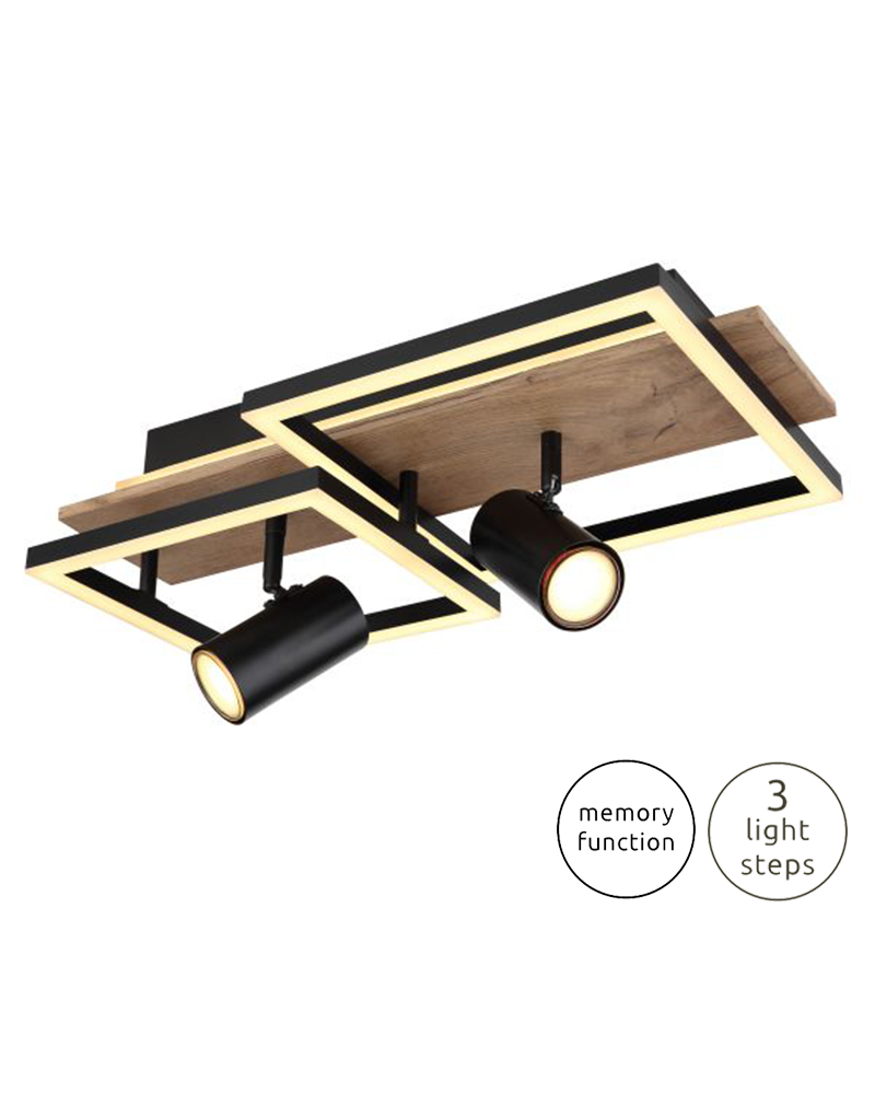 Plafón techo 50cm LED 38W 3000K con dos focos 2xGU10 10W de metal, plástico y madera