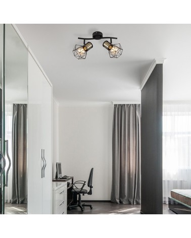 Regleta de techo vintage industrial con 2 focos oscilantes acabado portalamparas cuero base negra 2xE27 40W