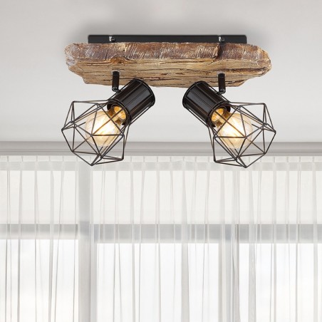 Industrial vintage ceiling strip with 2 oscillating spotlights, black lampholder finish, imitation wood base, 2xE27 60W
