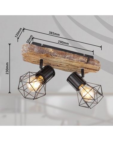 Industrial vintage ceiling strip with 2 oscillating spotlights, black lampholder finish, imitation wood base, 2xE27 60W
