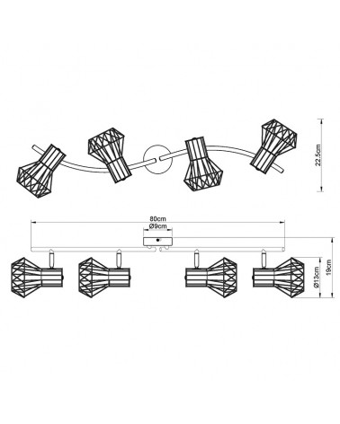 Regleta de techo vintage industrial con 4 focos oscilantes acabado portalamparas negro base negra 4xE27 40W