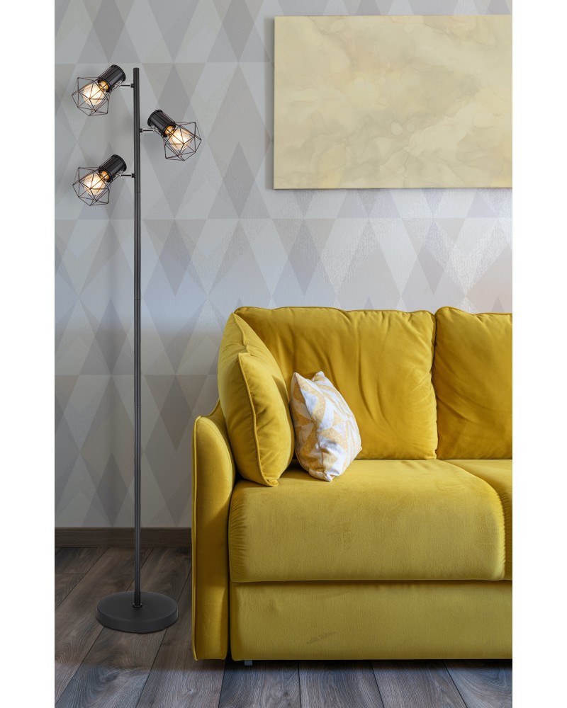 Floor lamp 161cm vintage industrial with 3 oscillating spotlights, black finish, 3xE27 40W