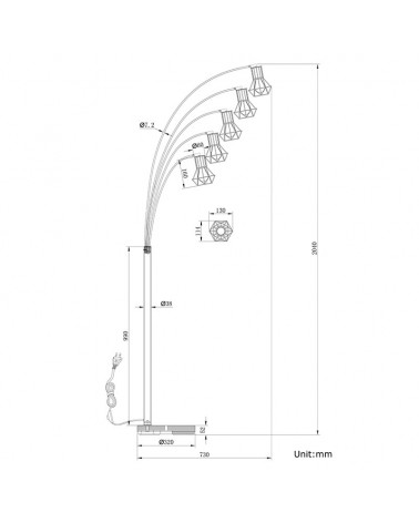 Floor lamp 204cm vintage industrial with 5 spotlights mesh shade black finish E27 40W