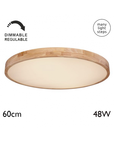LED ceiling lamp 60cm in metal, white and wood finish, 48W DIMMABLE