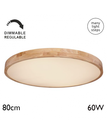LED ceiling lamp 80cm in metal, white and wood finish, 60W DIMMABLE