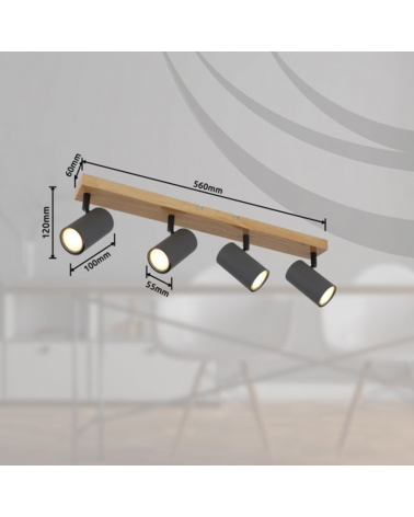 Plafón techo 56cm con cuatro focos portalámparas 4xGU10 35W de metal