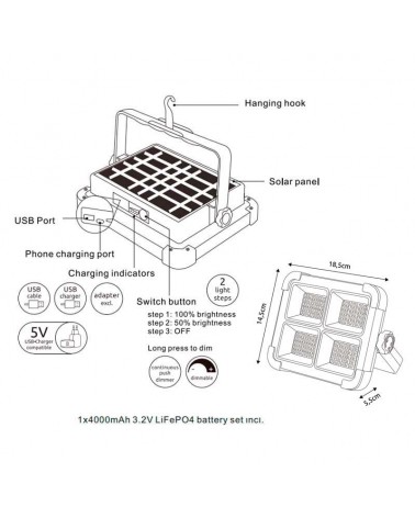 Foco solar de 1000Lm USB dos pasos de luz regulablescon mando a distancia regulable IP44