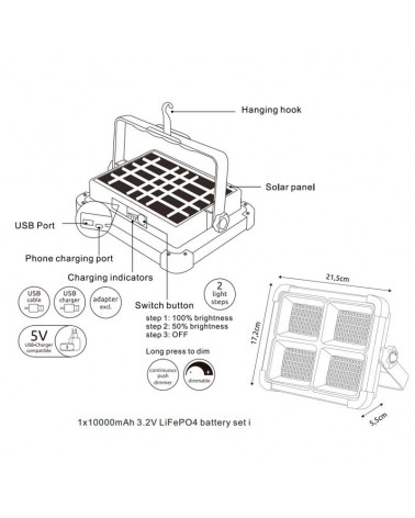 Foco solar de 2500Lm USB dos pasos de luz regulablescon mando a distancia regulable IP44