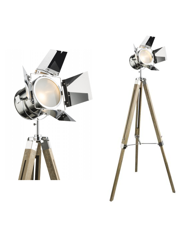 Tripod floor lamp up to 140cm high in wood and chrome E14 25W