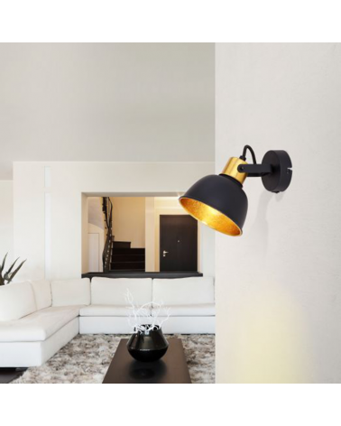 Wall lamp 14cm in black metal with golden lampshade interior 25W E14