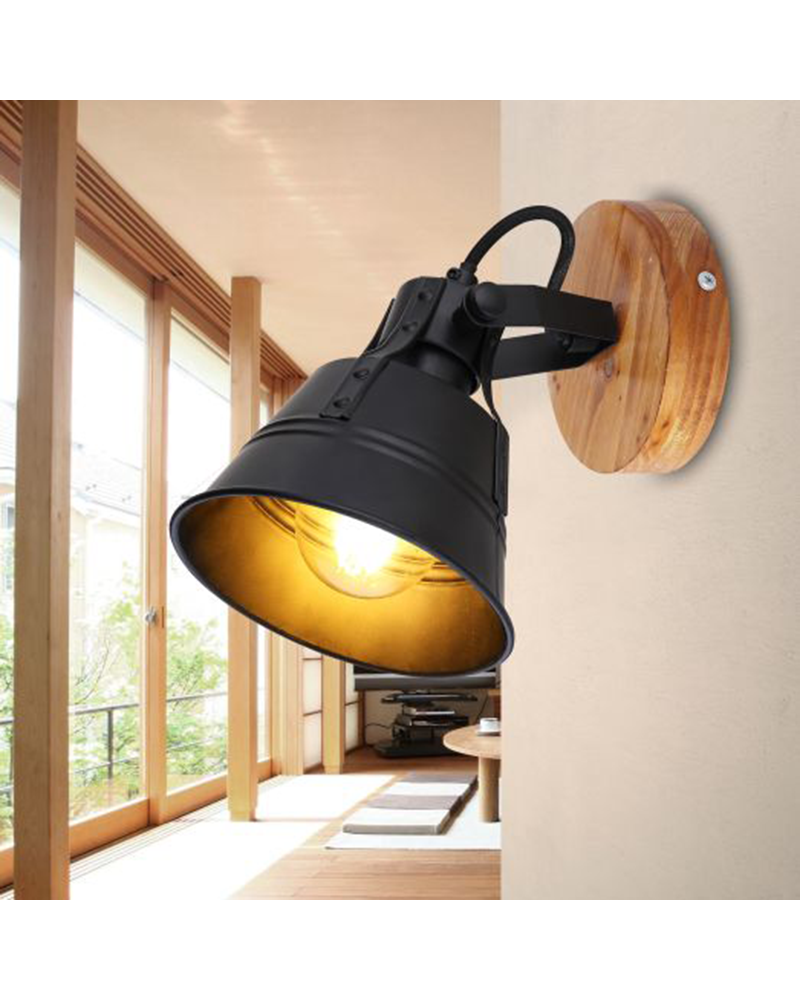Aplique 18cm en metal y madera acabado negro E27 60W